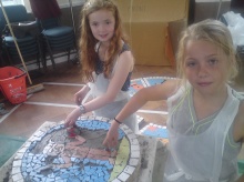 Ellen and Charlotte making part of the mosaic